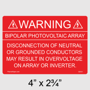 Warning Bipolar PV Array Label, SKU 020-01