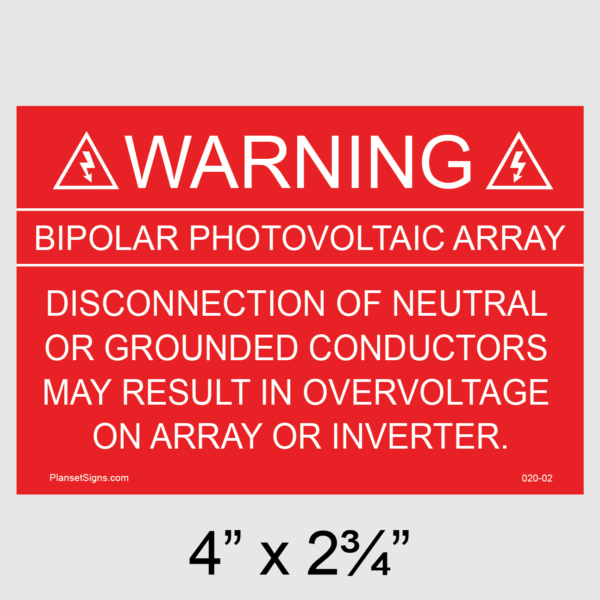 020-02 Warning Bipolar PV Array Placard