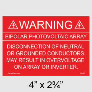 Warning Bipolar PV Array Placard, SKU 020-02