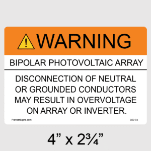 Warning Bipolar PV Array Label, SKU 020-03