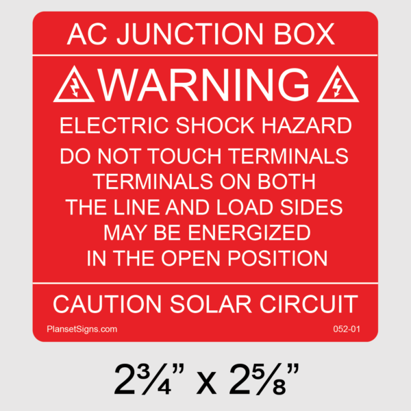 052-01 AC Junction Box Solar Warning Label