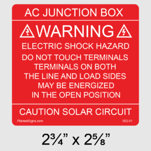 AC Junction Box Solar Warning Label, SKU 052-01