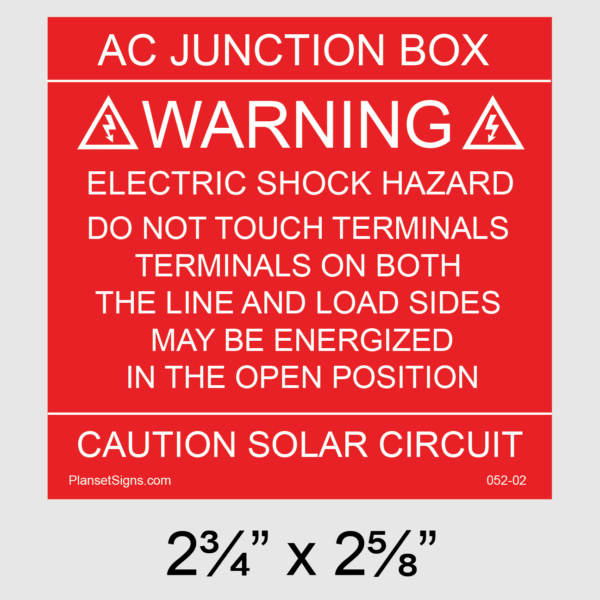 052-02 AC Junction Box Solar Warning Placard