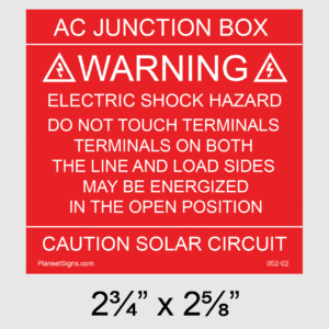 AC Junction Box Solar Warning Placard, SKU 052-02
