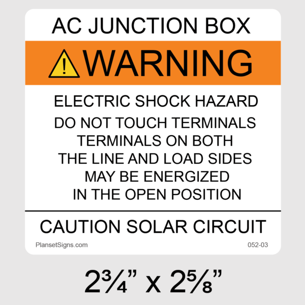 052-03 AC Junction Box Solar Warning Label