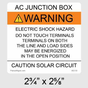 AC Junction Box Solar Warning Label, SKU 052-03