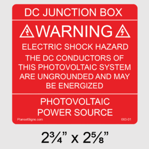 Solar DC Junction Box Label, SKU 063-01