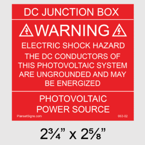 Solar DC Junction Box Placard, SKU 063-02