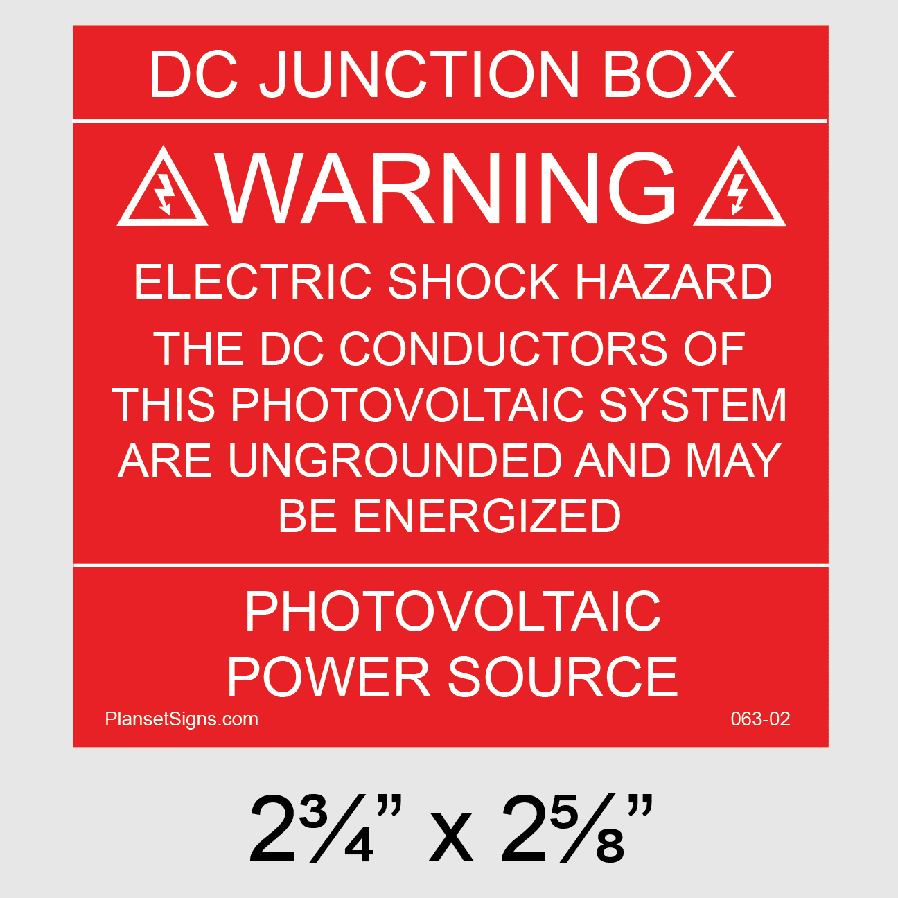 Solar DC Junction Box Placard, SKU 063-02