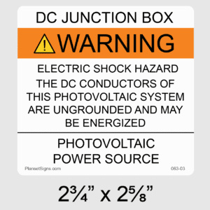 Solar DC Junction Box Label, SKU 063-03