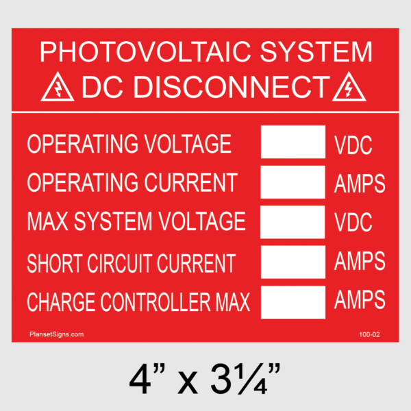 100-02 DC Disconnect Placard