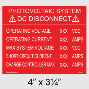 DC Disconnect Placard, SKU 100-02