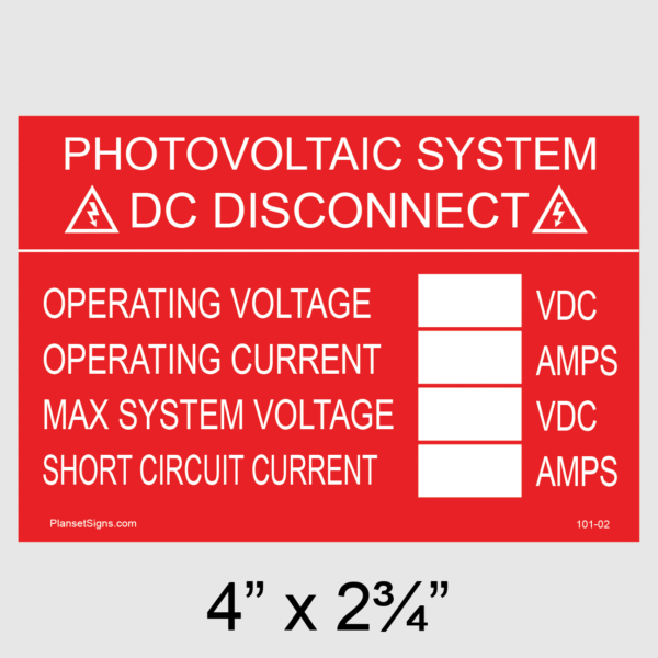 101-02 DC Disconnect Placard