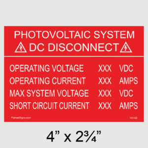 DC Disconnect Placard, SKU 101-02