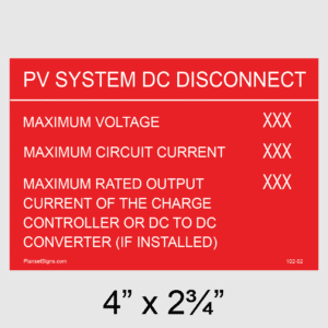 DC Disconnect Placard, SKU 102-02