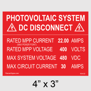 DC Disconnect Placard, SKU 104-02