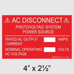 AC Disconnect Placard, SKU 112-02