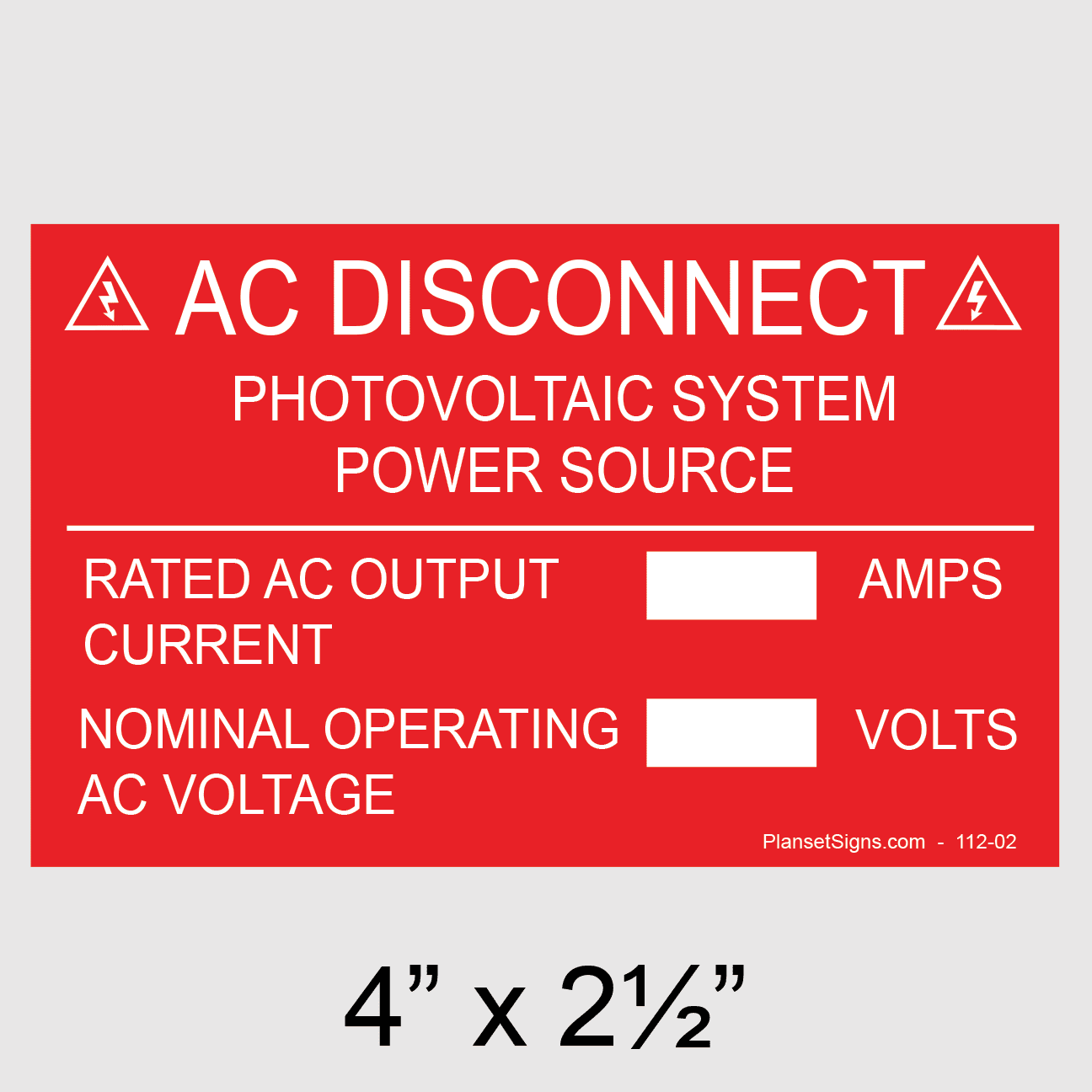 AC Disconnect Placard, SKU 112-02