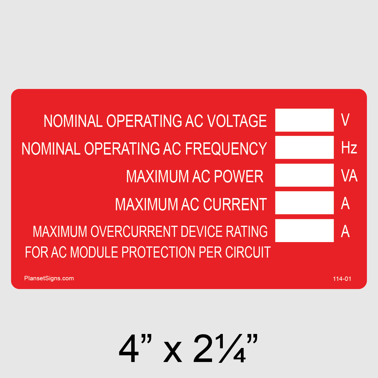 Nominal Operating AC Voltage Label, SKU 114-01