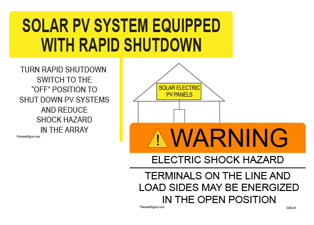 Two solar pv labels, including this system is equipped with rapid shutdown, and  warning electric shock hazard.