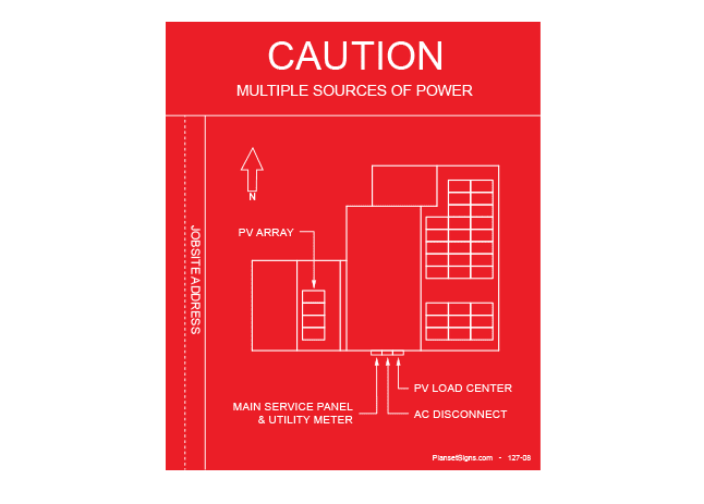 A caution, multiple sources of power solar pv site map that is required on all residential solar installs.