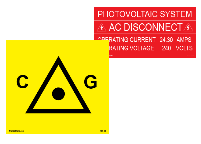 Two solar pv placards, including the popular ac disconnect current and voltage pv placard, and a LADWP Co-Gen solar pv placards.